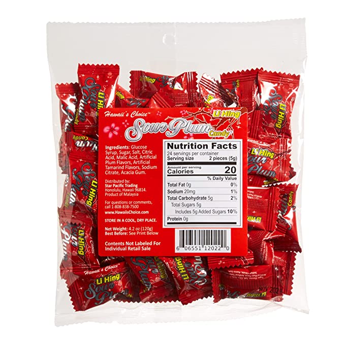 Hawaii's Choice Li Hing Hawaiian Hard Candies - Individually Wrapped Li Hing Sour Plum Candy 4.2 oz (120g) Bag - 6 Pack - Reg. $6.38/bag, 10% Special@ $5.74/bag (USD)