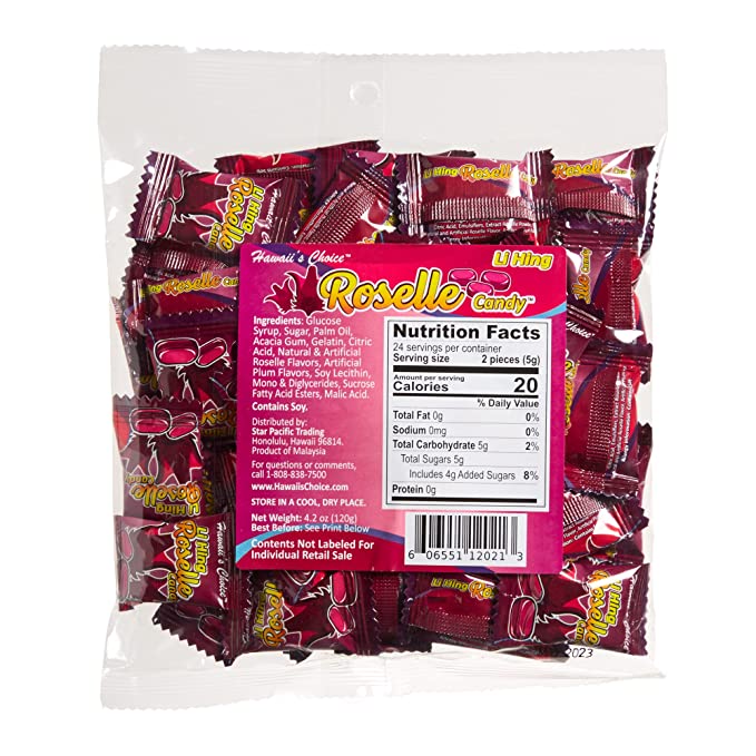 Hawaii's Choice Li Hing Roselle (Hibiscus) Flavor Chewy Candies - Individually Wrapped Candy 4.2 oz (120g) Bag - 6 Pack - Reg. $6.38/bag, 10% Special@ $5.74/bag (USD)
