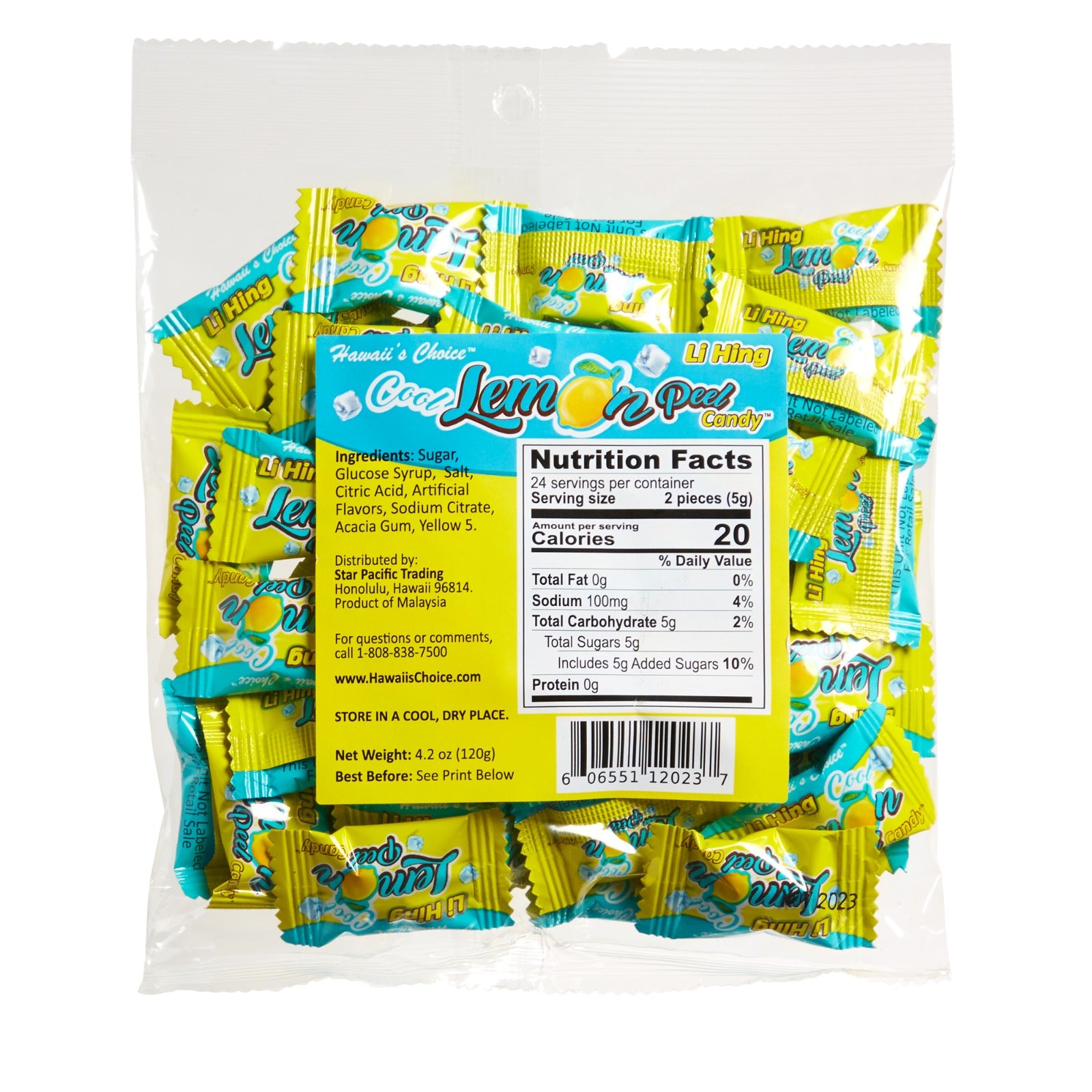 Hawaii's Choice Li Hing Hawaiian Hard Candies - Individually Wrapped Li Hing Cool Lemon Peel Candy 4.2 oz (120g) Bag - 6 Pack Reg. $6.38/bag, 10% Special@ $5.74/bag (USD)